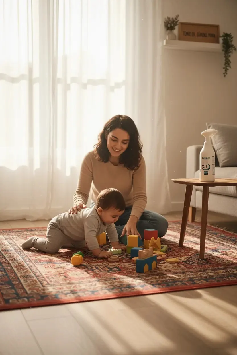 Halı üzerinde oyun oynayan anne ve bebek, sehpada sprey