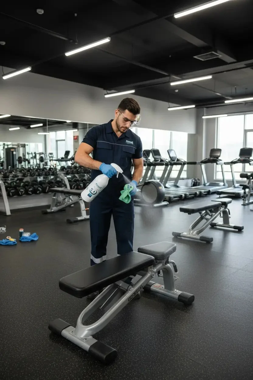 Spor salonunda bench yüzeyi spreylenip siliniyor