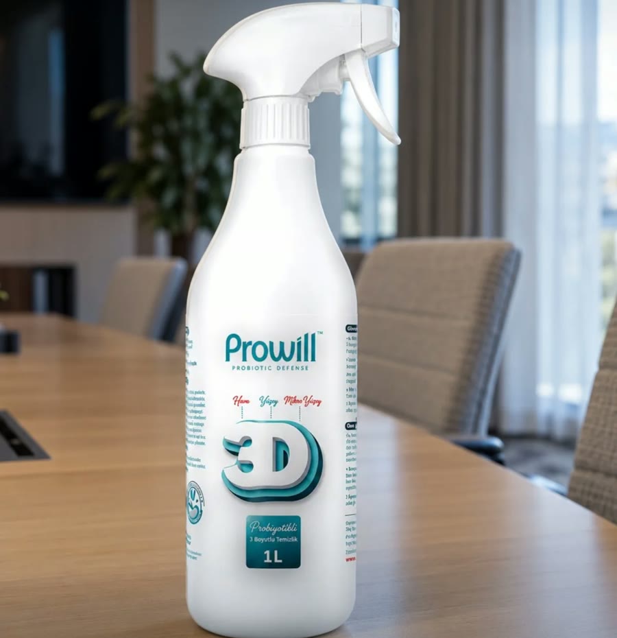 Prowill Probiyotikli 3 Boyutlu Çok Amaçlı Temizleyici Sprey 1 L şişesi, toplantı masası üzerinde